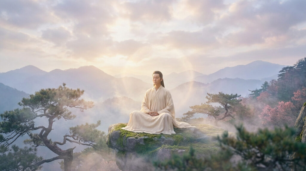 Figure meditating on a mossy mountain cliff at dawn, surrounded by mist and a golden glow, embodying peace and harmony.