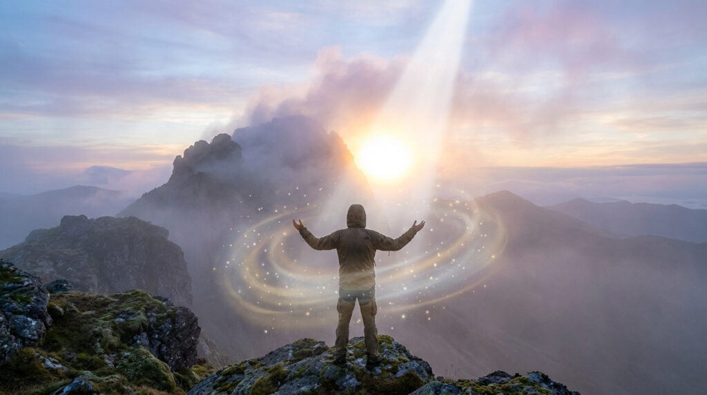 Gender-neutral figure on misty mountain peak at dawn, arms open to a descending pure white light and golden swirling aura.