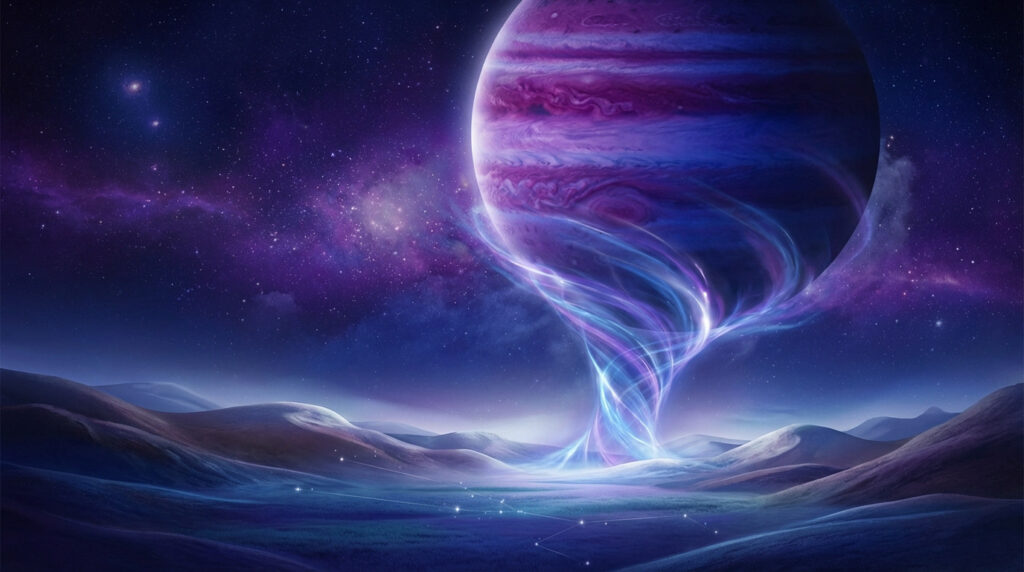 Stylized purple and blue Jupiter above rolling hills, connected by a luminous swirling energy portal. Cosmic background with nebulae.