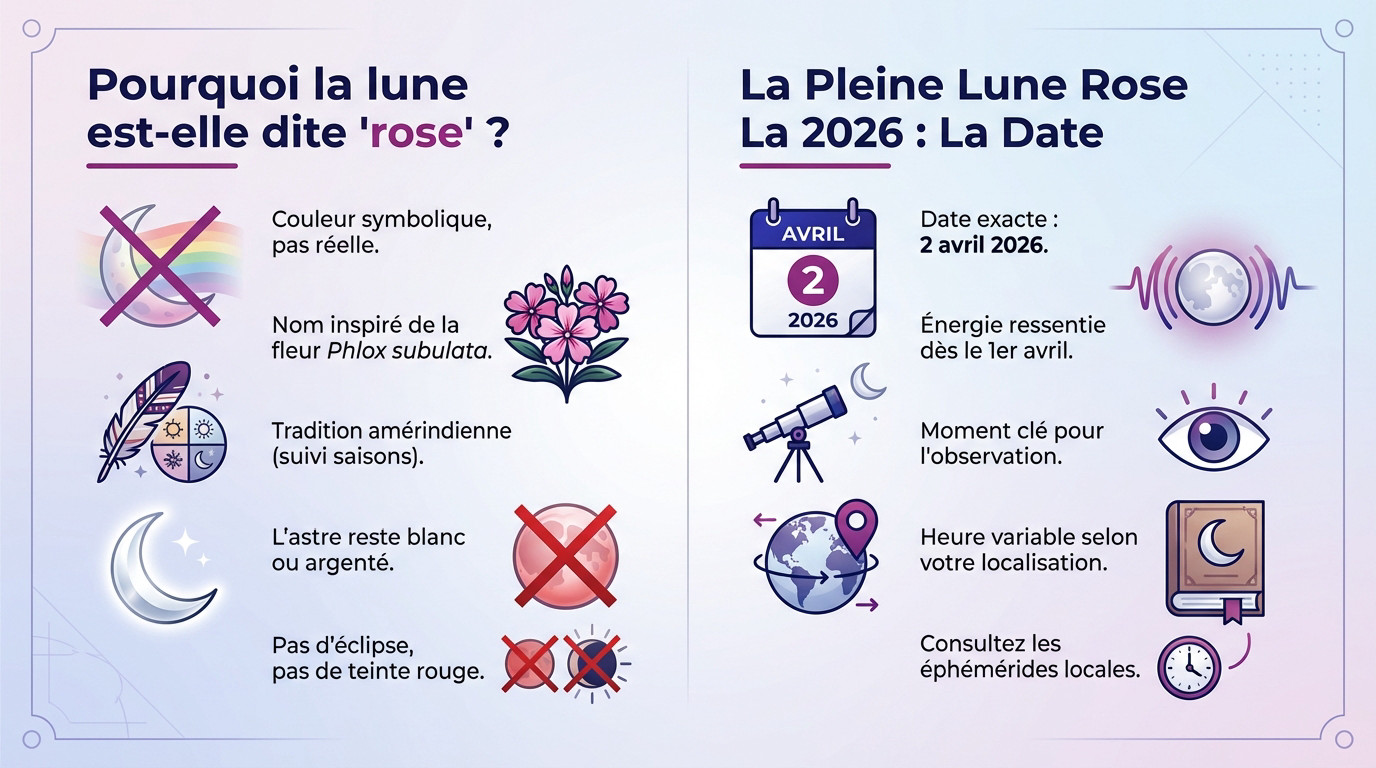 Illustration artistique de la Pleine Lune Rose 2026 au-dessus d'un champ de fleurs Phlox