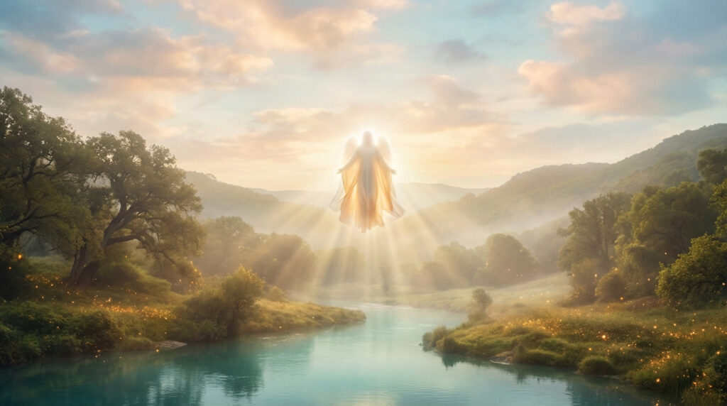 A glowing angelic figure hovers over a peaceful river valley, radiating golden light, symbolizing abundance and blessings.