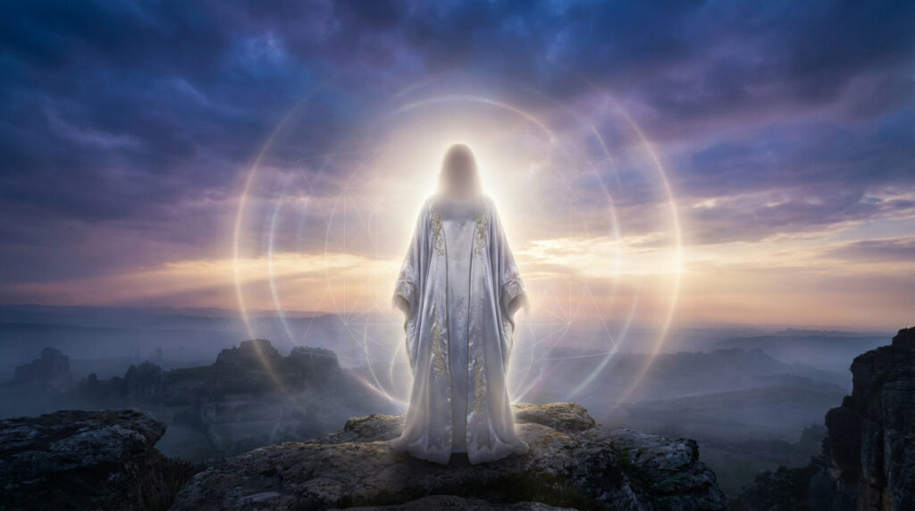 A glowing, ethereal figure in white robes stands on a mountain, surrounded by geometric light, against a celestial sunset.