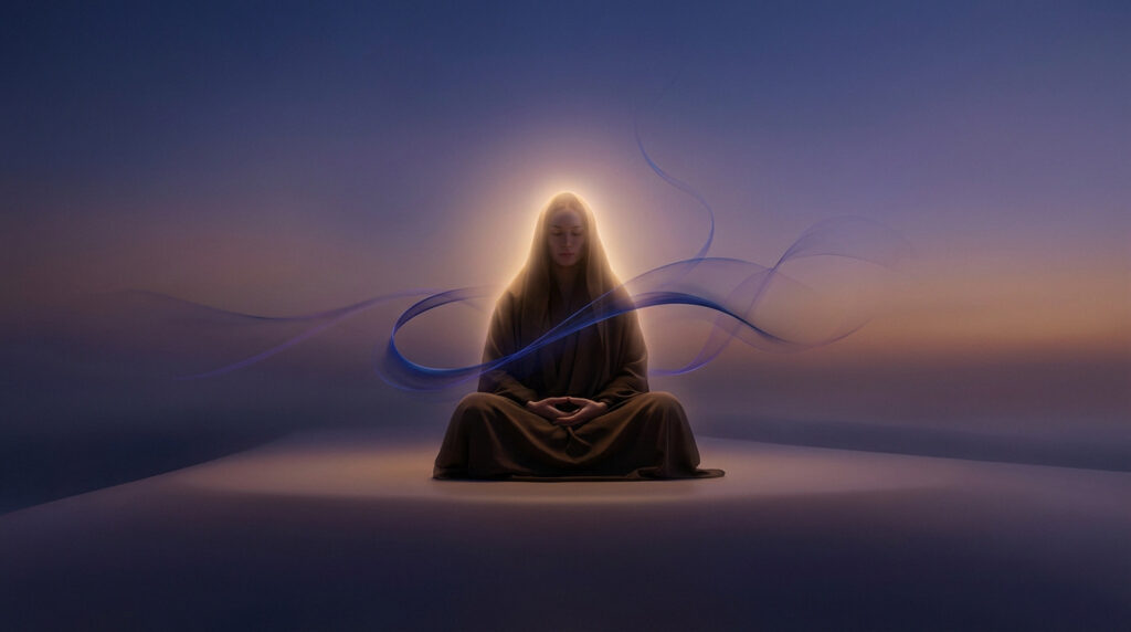 Indivíduo meditando com aura dourada e espirais de luz azul/violeta em ambiente etéreo. Simboliza sabedoria e equilíbrio.