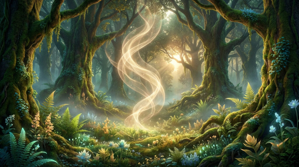 Golden, ethereal light swirls emerge from a lush, ancient, moss-covered forest grove with glowing flora, creating a mystical scene.