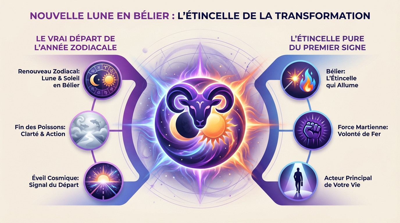 Illustration mystique de la Nouvelle Lune en Bélier symbolisant l'étincelle du renouveau énergétique