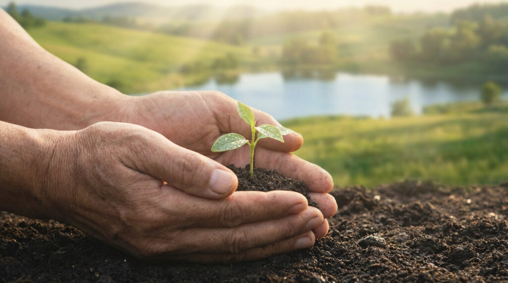 Cupped hands gently hold a vibrant green sprout in dark earth, against a sun-drenched natural landscape with golden light.