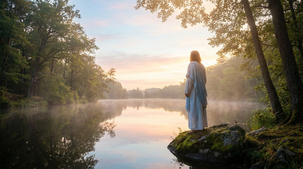 A figure in a flowing robe stands on a mossy rock by a misty lake at dawn, reflecting pastel skies and forested banks.