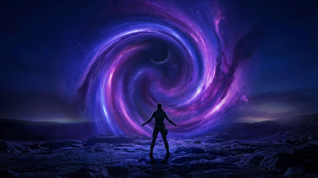 A silhouetted figure stands before a swirling cosmic portal of blue and purple nebulae with a dark new moon at its center, on a rocky alien landscape.