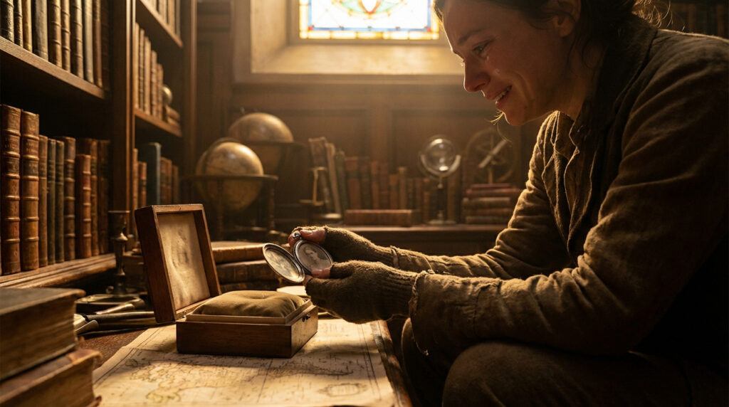A hopeful individual gently holds an open antique locket with old photos, illuminated by golden light in a historic library.