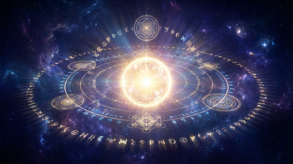 A glowing golden-white sphere radiates light amidst intricate geometric symbols and ancient script, set against a cosmic blue and purple nebula.