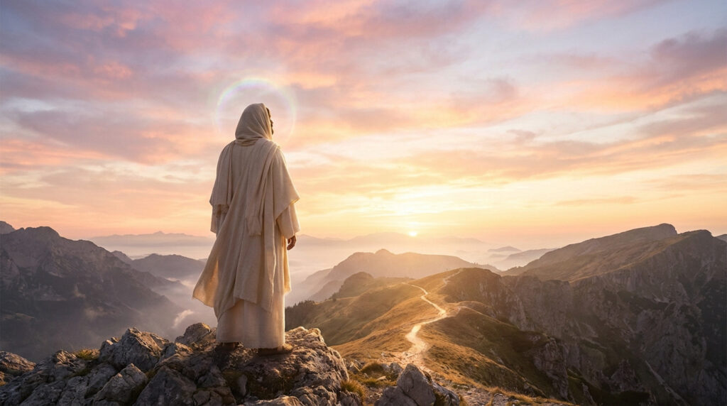 Figure in flowing robe with halo on mountain summit at sunrise, gazing at a vast, golden-pink landscape and winding path.
