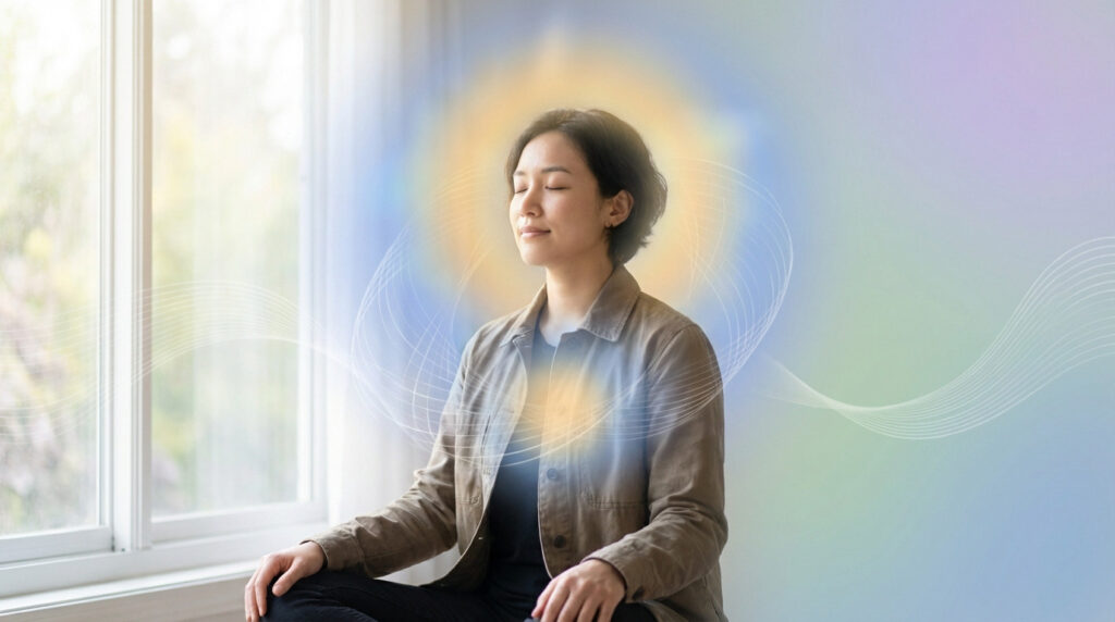 A person meditating with eyes closed, surrounded by a golden and blue ethereal glow and white flowing lines, symbolizing healing and inner peace.