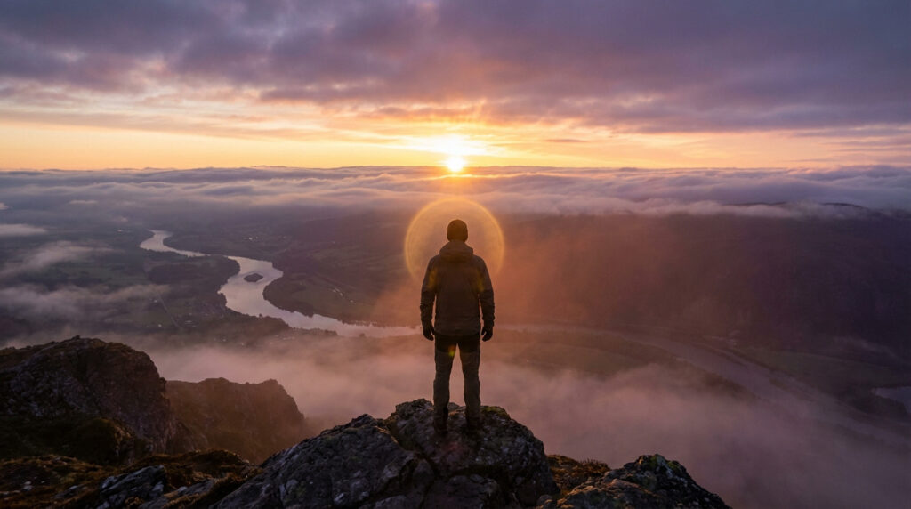 A figure stands on a mountain peak at dawn, a golden glow around them, overlooking a misty valley and a river under a vibrant sunrise.