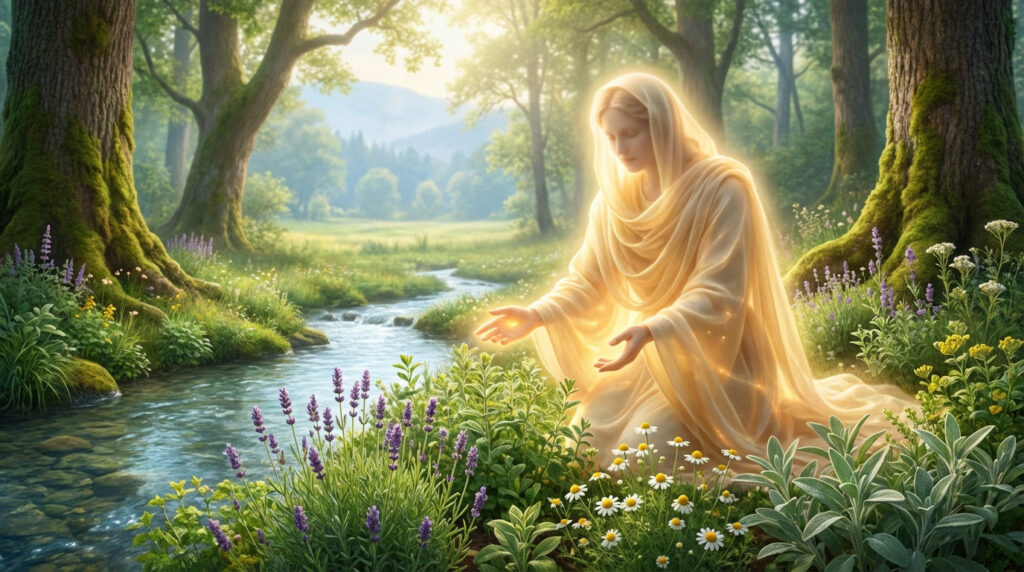 A serene, glowing angelic figure kneels by a sun-dappled stream, surrounded by lush lavender, chamomile, and sage plants.