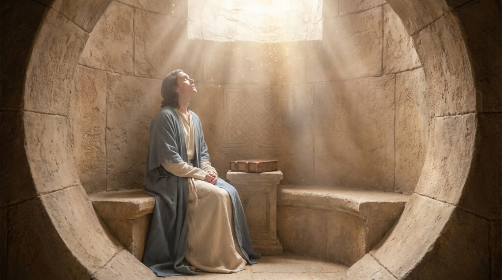 A figure in muted robes sits contemplatively in a stone sanctuary, looking up at golden light. An old book and geometric pattern are visible.