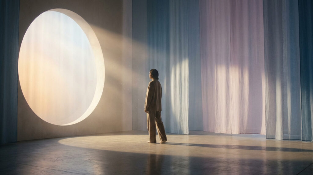 Wide-angle shot of a person facing a luminous circular light in a minimalist room. Soft golden and white light, long shadows, blue and lavender background.