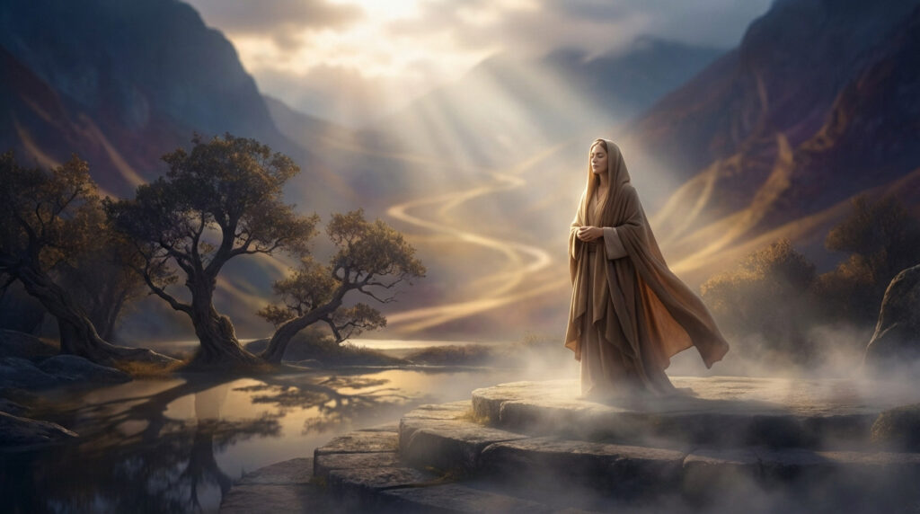 A figure in a flowing robe stands on stone steps, eyes closed in contemplation, bathed in golden light amidst a misty, mountainous, ethereal landscape.