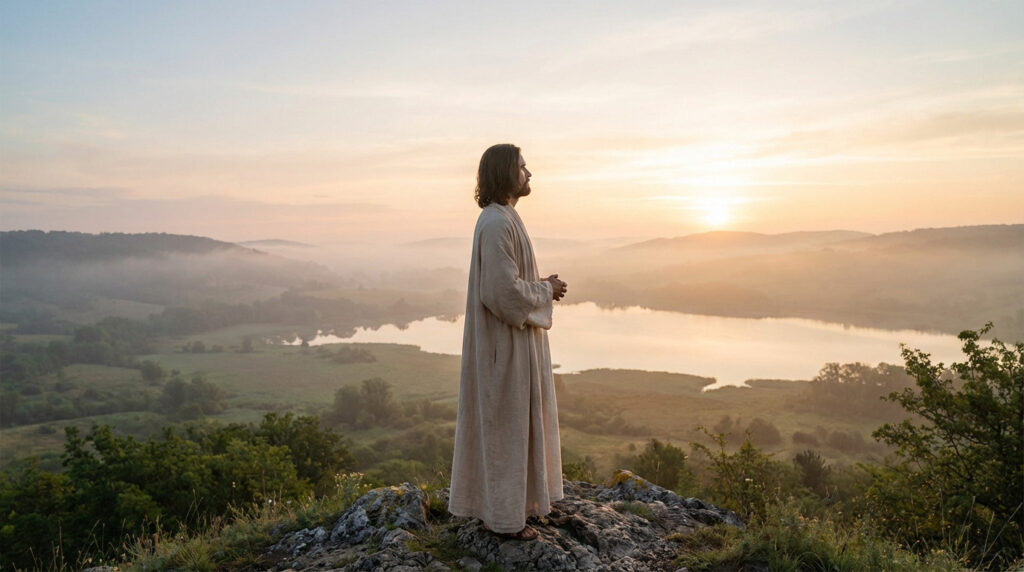 A serene dawn landscape with an individual in light robes on a hilltop, gazing at the misty, golden horizon, symbolizing hope.