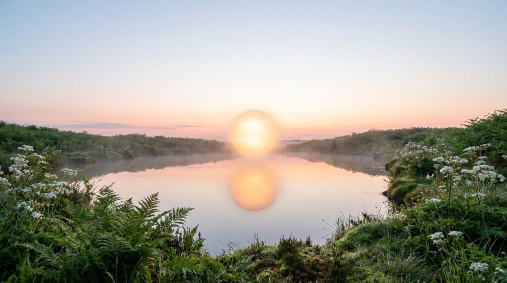 Photorealistic dawn scene with a luminous golden orb reflecting in a still lake, framed by lush green foliage and delicate white flowers.