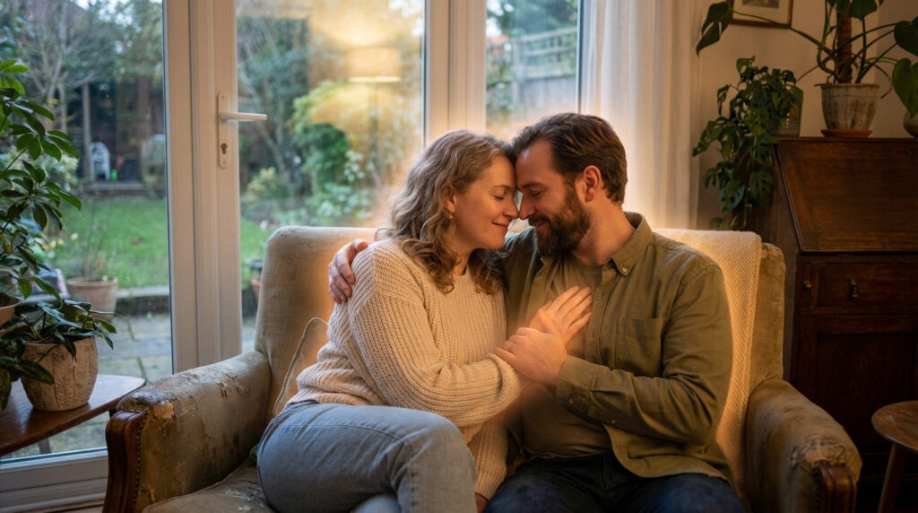 A man and woman embrace in a softly lit indoor setting, foreheads touching, conveying peace, understanding, and healing.