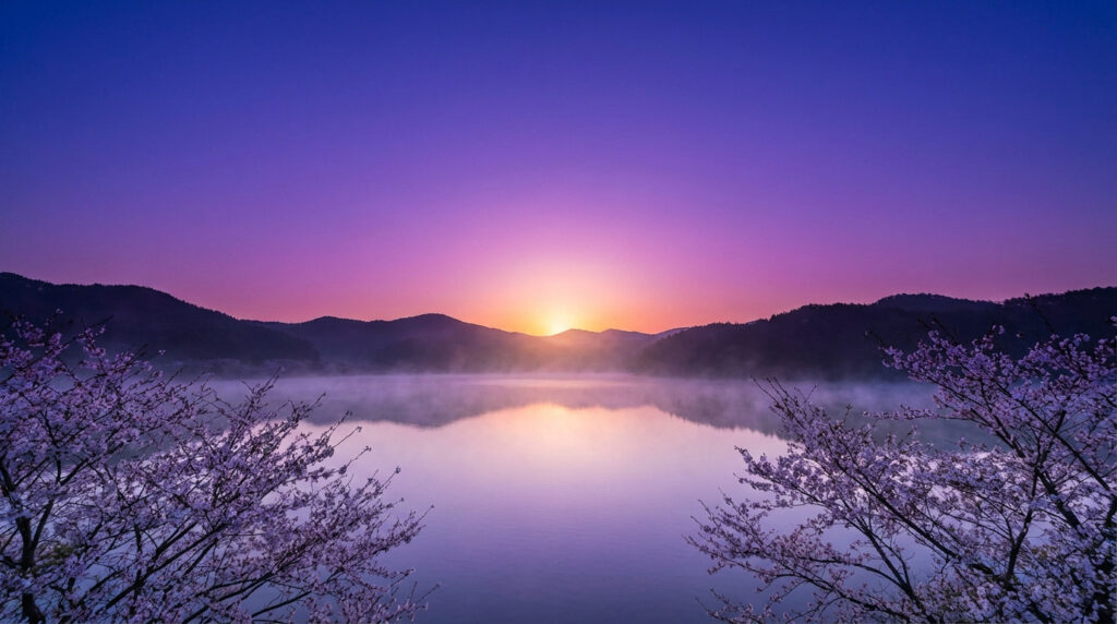 Serene spring equinox dawn: purple-magenta sky, rising sun over mountains, misty lake reflects colors, framed by cherry blossoms.