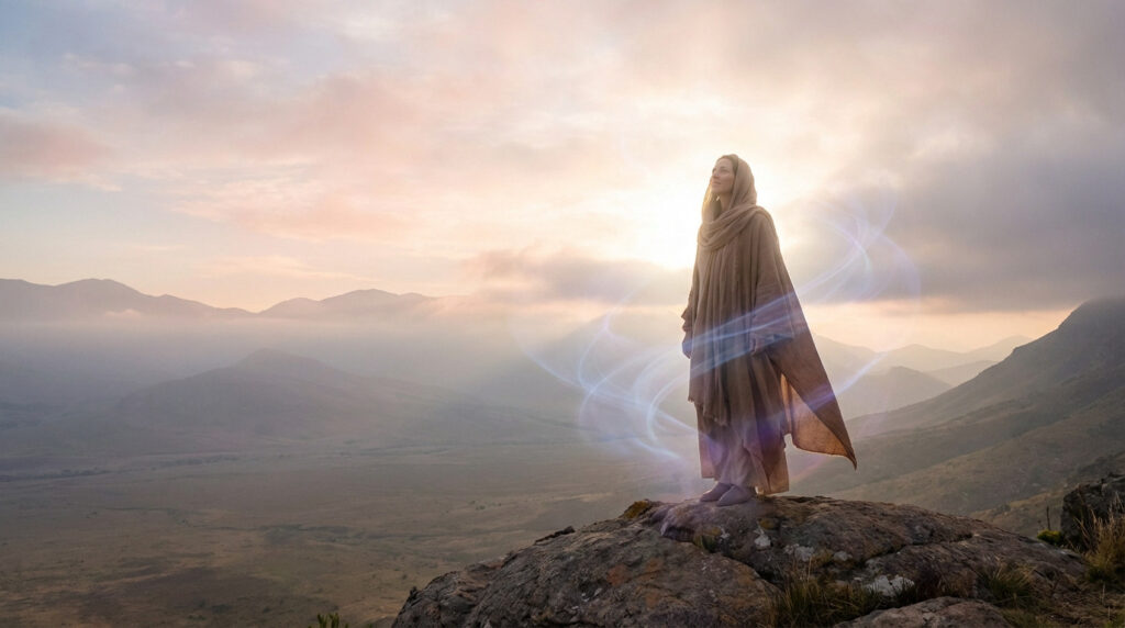 Figure bathed in golden light, ethereal blue/purple wisps, on cliff overlooking misty mountains at dawn, embodying liberation.