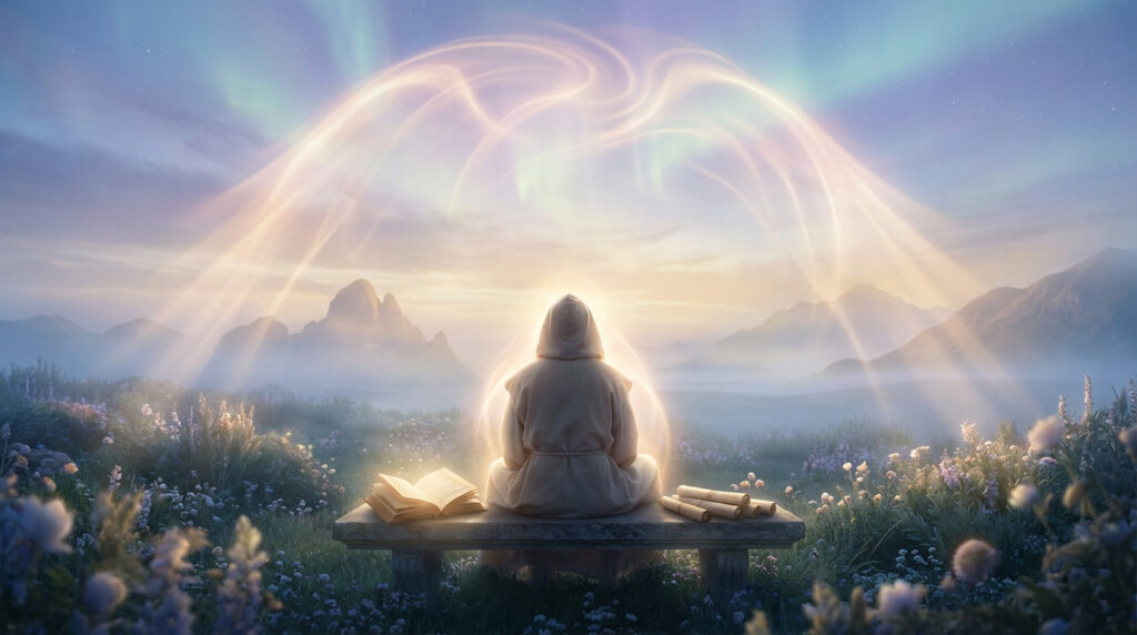 Hooded figure meditates on a bench with a glowing book, surrounded by an aura. Ethereal lights and auroras illuminate a misty mountain dawn.