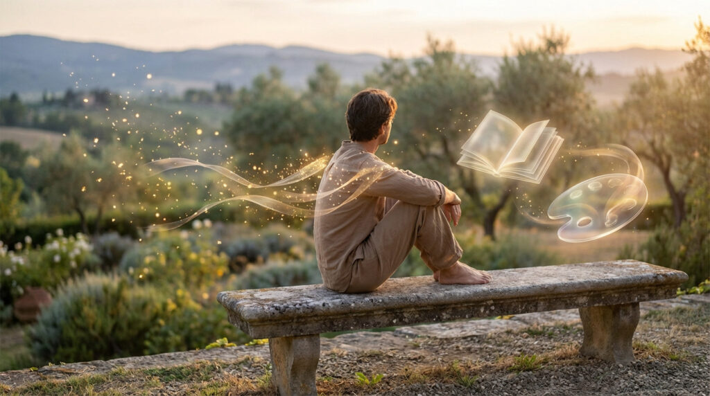 Person on bench at golden hour, with shimmering light trails, glowing book and palette, symbolizing creative liberation and peace.