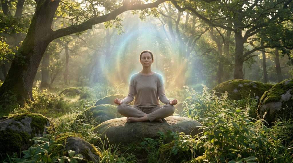 A serene woman meditates on a mossy rock in a sun-dappled forest, enveloped by a radiant, rainbow-hued glow, embodying inner peace.