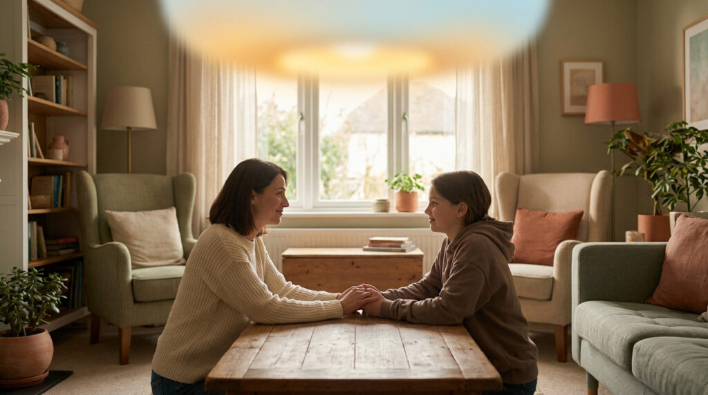 An adult and a younger individual hold hands across a table, smiling warmly in a cozy, well-lit living room with an ethereal glow.