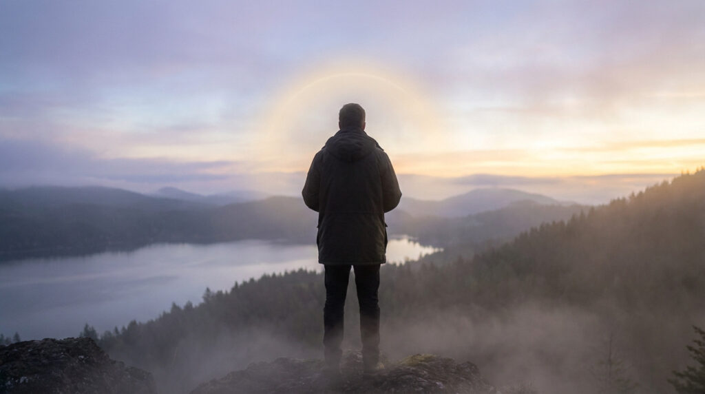 Anonymous person with ethereal halo overlooks a misty lake and mountains at dawn/dusk, under a spiritual sky with soft, golden light.