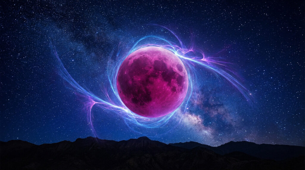 A photorealistic total lunar eclipse (blood moon) in deep magenta, surrounded by glowing blue and purple energy in a starry night sky above mountains.