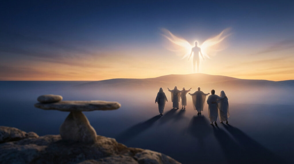 A luminous angelic figure illuminates hopeful individuals emerging from shadows towards a golden-blue dawn, with balanced rocks symbolizing justice.