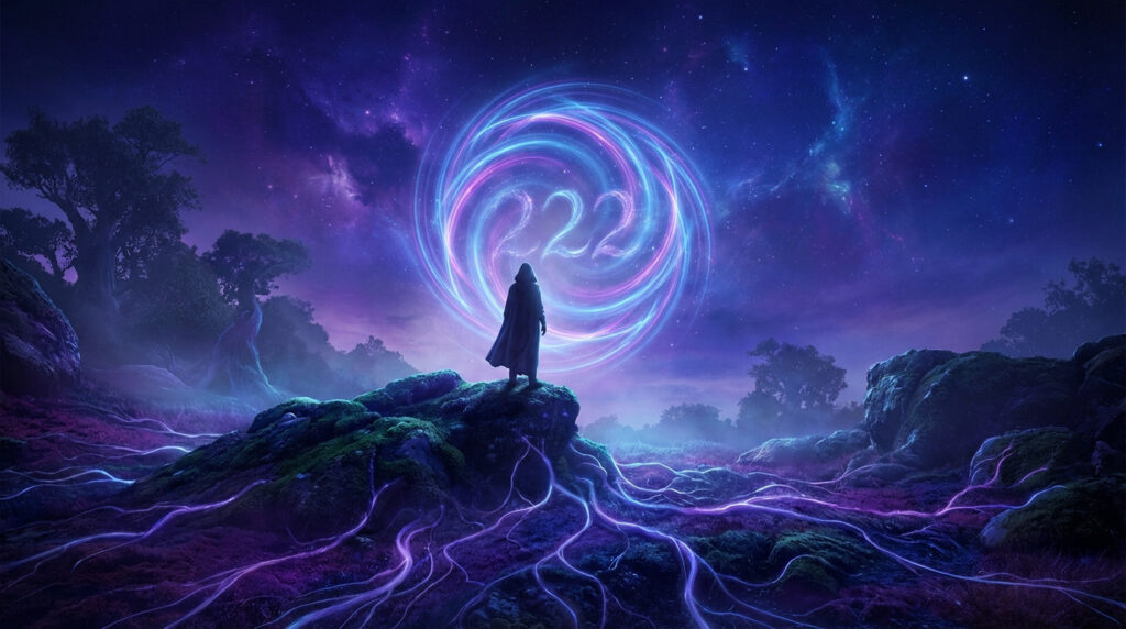 A cloaked figure faces a glowing purple and blue "222" energy portal in a mystical twilight landscape with luminous root patterns.