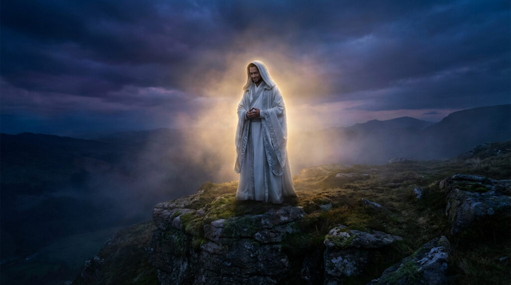 Cinematic figure in glowing white robes on a mountain peak, emanating golden light against a dramatic dark blue and purple sky.