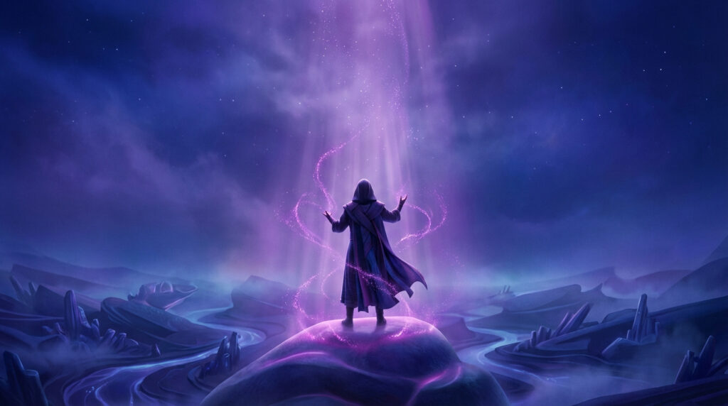 Une personne encapuchonnée sur un rocher lumineux, les bras levés, recevant une énergie violette dans un paysage onirique.