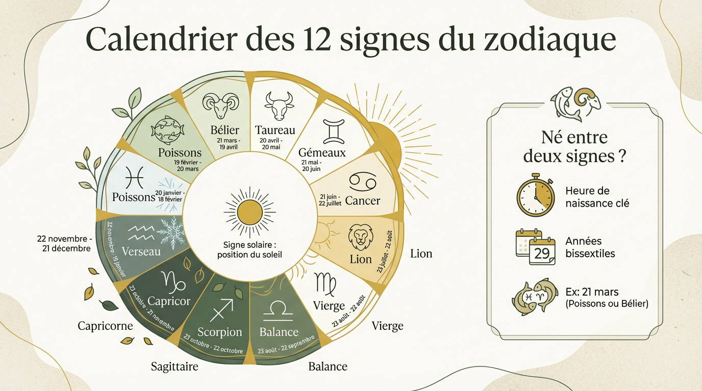 Calendrier astrologique circulaire montrant les douze signes et les périodes de transition