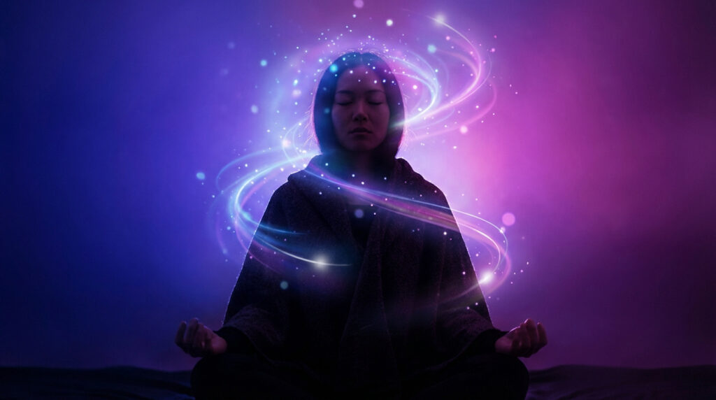 Une personne méditant dans le noir, une aura lumineuse violette et bleue avec des particules scintillantes autour de sa tête.