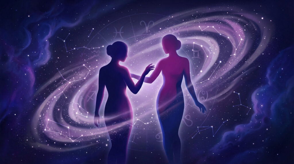 Deux silhouettes lumineuses se touchant dans une galaxie avec signes du zodiaque et constellations, symbolisant la compatibilité astrale.