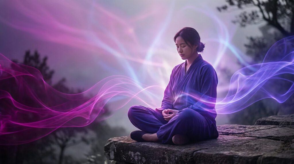 Femme méditant en position du lotus sur un rocher, enveloppée d'ondes lumineuses violettes et roses symbolisant l'énergie et l'éveil.