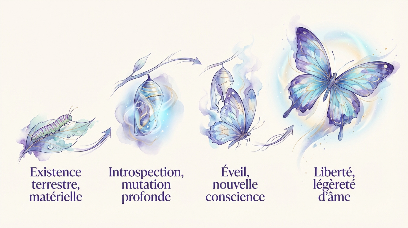 Infographie sur le cycle de vie du papillon et son lien avec l'évolution de la conscience