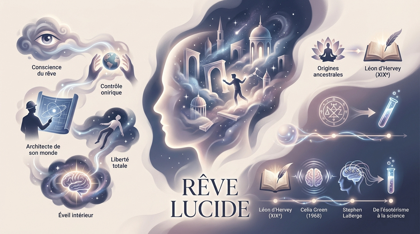 Infographie sur les origines historiques et scientifiques du rêve lucide