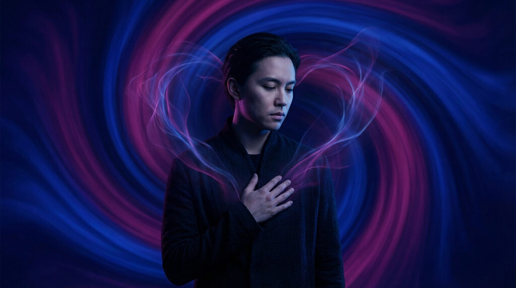 Homme asiatique méditatif, main sur le cœur, énergie lumineuse rose formant un cœur, fond bleu-magenta tourbillonnant.