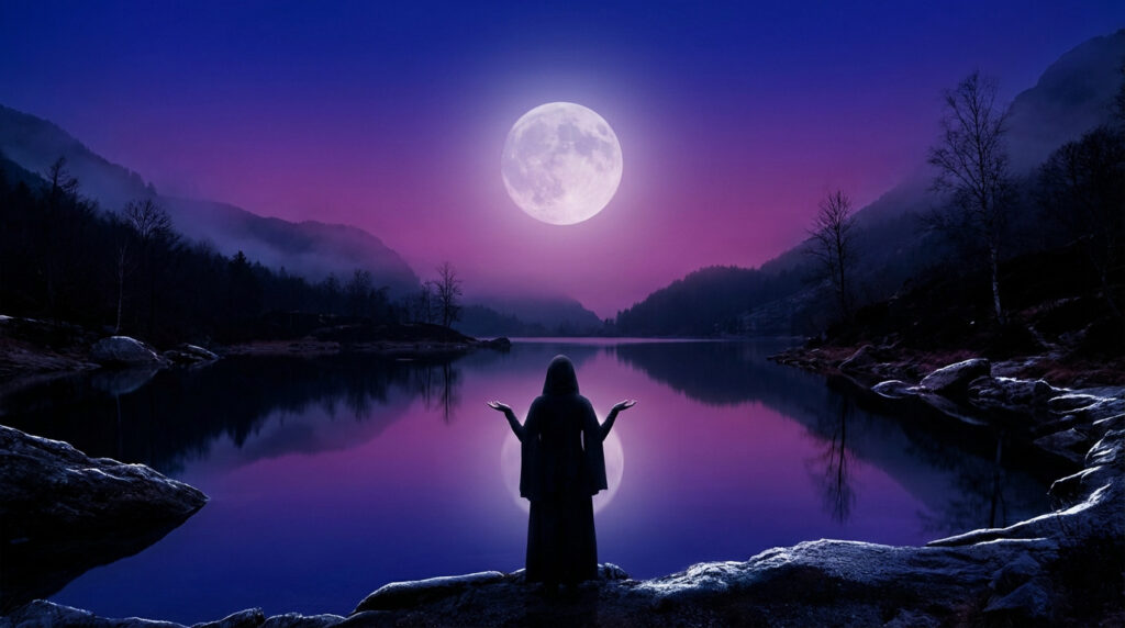 Silhouette encapuchonnée face à une pleine lune éclatante sur un lac aux reflets violets et montagnes sombres.