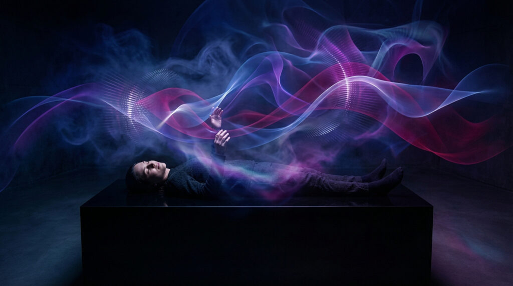 Personne allongée sur un socle noir, entourée d'ondes lumineuses violettes et bleues. Les mains sont légèrement levées.