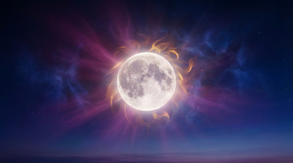 A majestic, glowing full moon centered in a deep blue-purple twilight sky, surrounded by magenta light rays and golden, fiery lion's mane clouds.