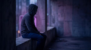Personne en hoodie assise seule dans un environnement sombre aux teintes violettes, semblant pensive ou isolée.