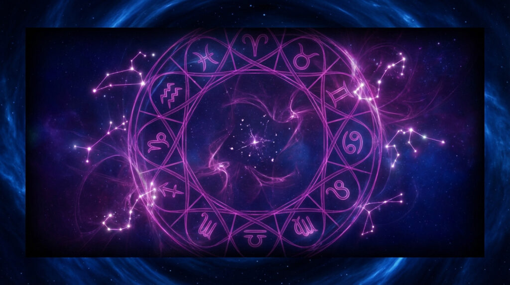 Illustration numérique d'un cercle zodiacal lumineux violet avec les 12 signes astrologiques et des constellations brillantes sur fond d'espace étoilé.