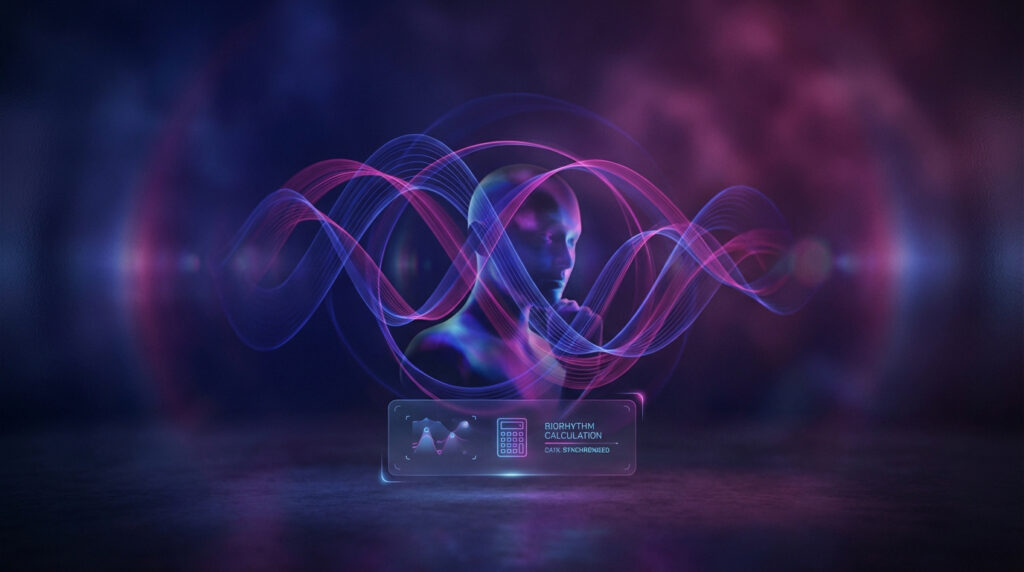 Image conceptuelle d'un buste humain entouré d'ondes lumineuses, avec une interface numérique affichant "BIORHYTHM CALCULATION".