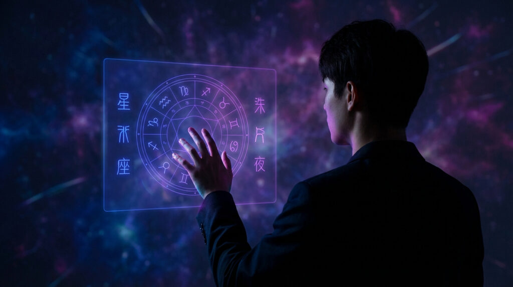 Un homme touche un écran numérique holographique affichant des symboles du zodiaque et du texte chinois sur fond cosmique violet.